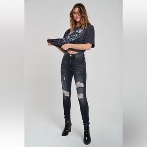 Revice | Black Skinny Leg High Rise Distressed Jeans Size 24 Black Dark Wash